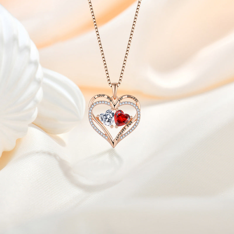 S925 Silver Double Love Necklace With Rhinestones Fashion Personality Heart-shaped Necklace Valentine's Day Gift